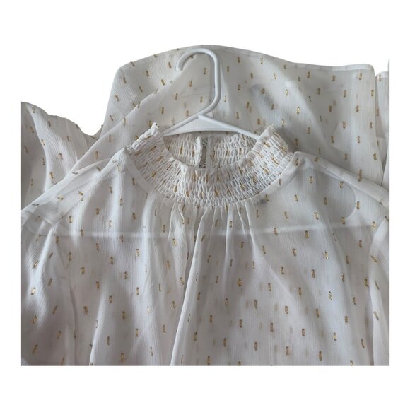 Express White & Gold Swiss Dot Blouse Shirred Mock Neck & Elastic Cuffs SZ XL - Picture 11 of 13